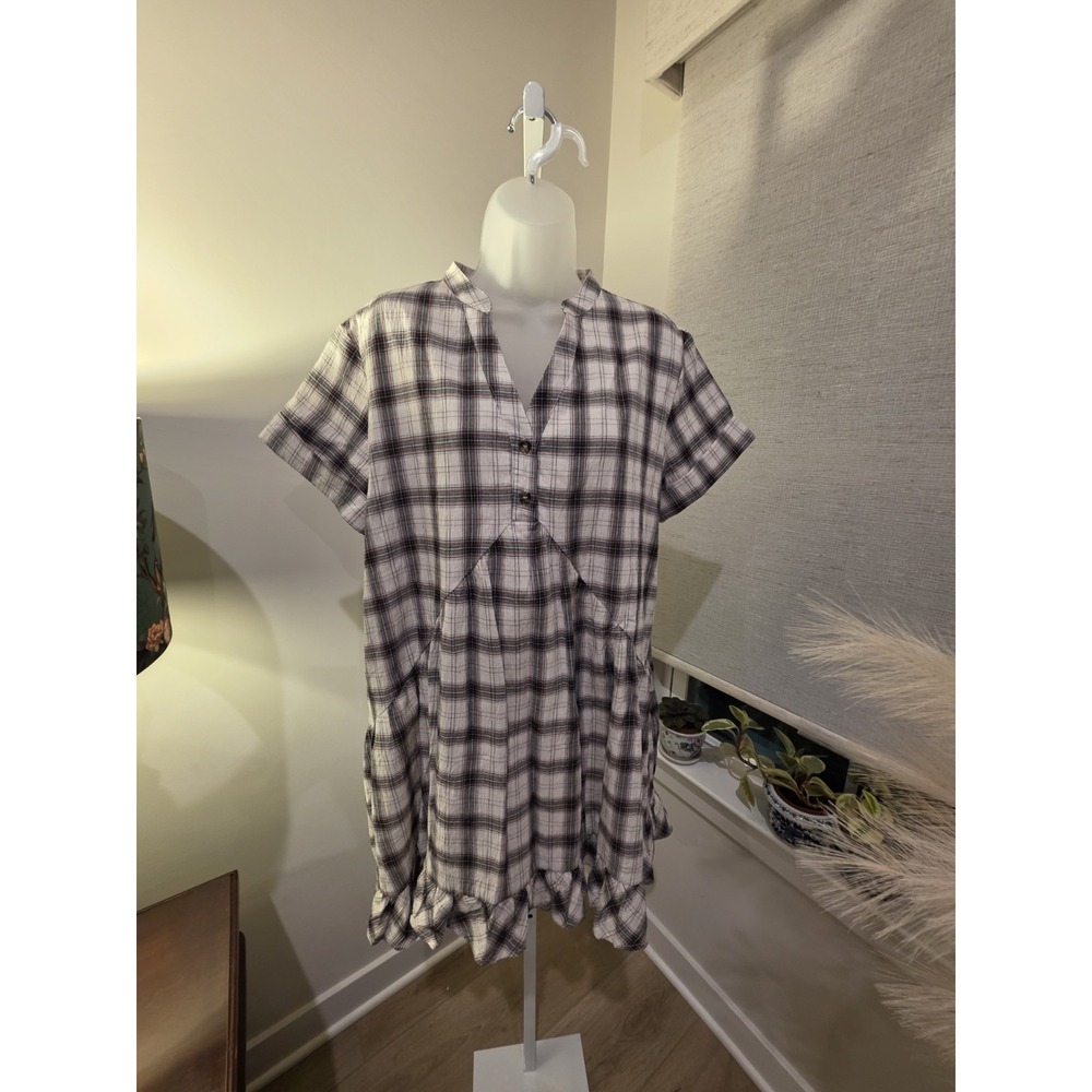 Crinkle Cotton Plaid Babydoll Midi Dress S Brown/White Boho Beachy NWOT - Picture 14 of 16